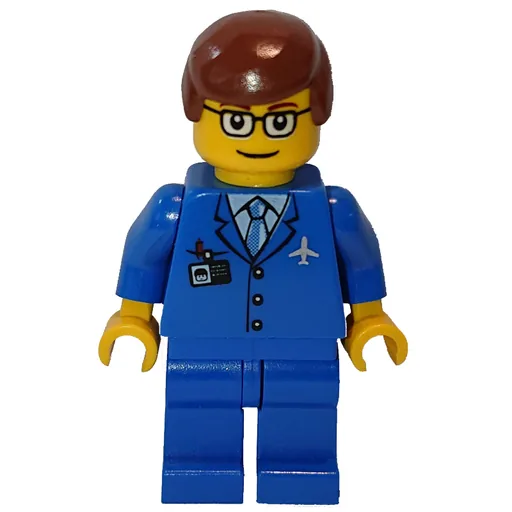 Airline Worker (Blue Suit with Tie and Plane Logo, Reddish Brown Hair, Glasses)