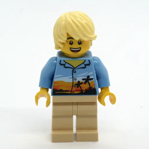 Man (Medium Blue Shirt with Palm Trees and Sunset, Tan Legs, Bright Light Yellow Hair)