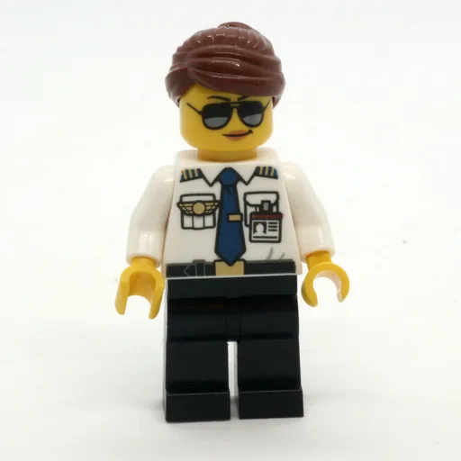Pilot (Woman, White Shirt with Tie and Wings Badge, Black Legs, Reddish Brown Hair, Sunglasses)