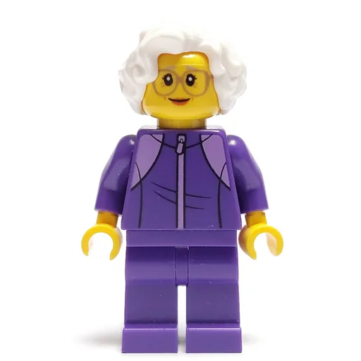 Woman (Dark Purple Jogging Suit, White Hair, Large Glasses)