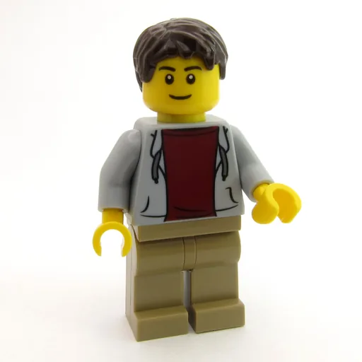 Man (Open Light Bluish Gray Hoodie over Dark Red Shirt, Dark Tan Legs, Dark Brown Hair)