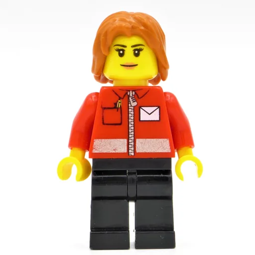 Postal Worker (Woman, Red Jacket with Zipper and Letter Logo, Black Legs, Dark Orange Hair)