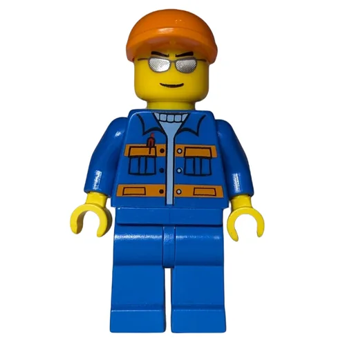 Ground Crew (Blue Jumpsuit with Orange Stripes and Pockets, Orange Cap, Silver Sunglasses)