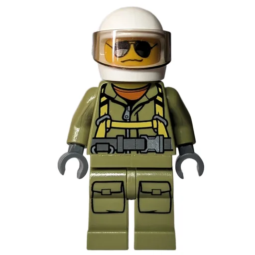 Volcano Explorer (Man, Olive Green Jumpsuit with Straps, White Helmet with Visor, Sunglasses)
