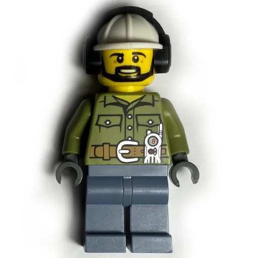 Volcano Explorer (Man, Olive Green Shirt, White Hard Hat with Ear Defenders, Beard)