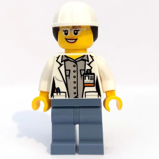 Volcano Explorer Scientist (Woman, Open White Lab Coat, Sand Blue Legs, White Hard Hat with Hair)