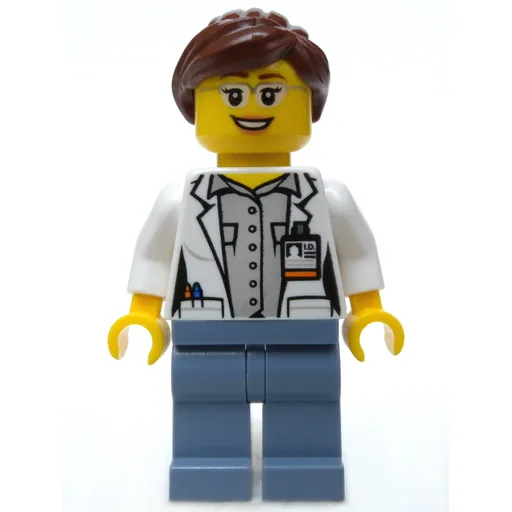 Volcano Explorer Scientist (Woman, Open White Lab Coat, Sand Blue Legs, Reddish Brown Hair, Glasses)