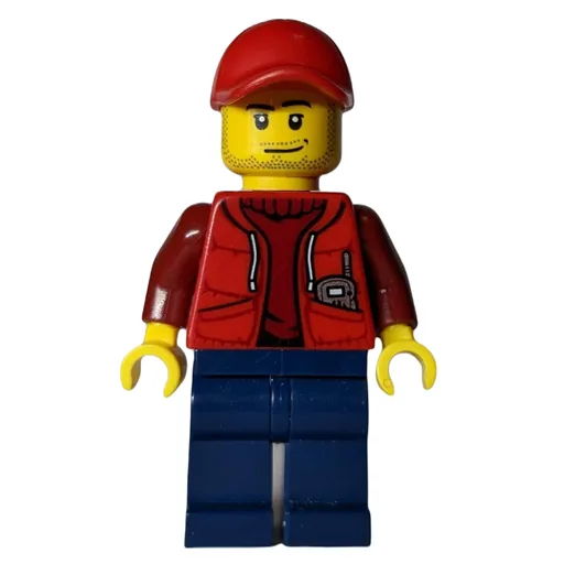 Marine Explorer (Open Red Jacket over Dark Red Sweater, Red Cap, Stubble)