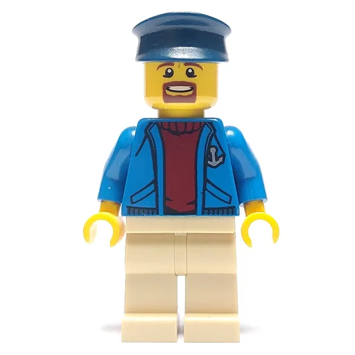 Ship Captain (Open Blue Jacket with Anchor over Dark Red Sweater, Tan Legs, Dark Blue Hat, Goatee Beard)