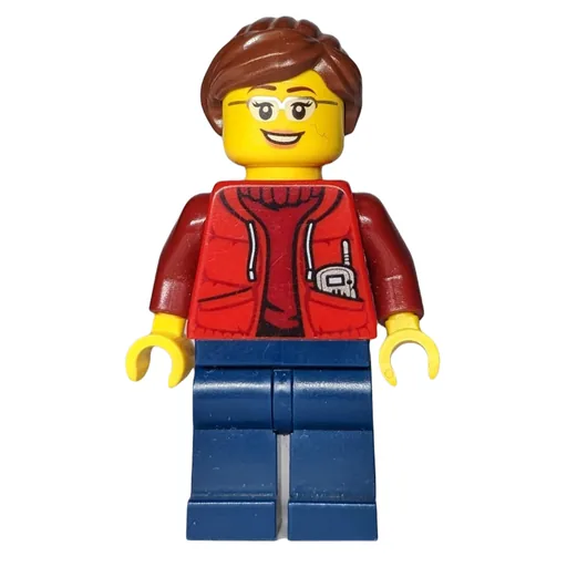 Marine Explorer (Woman, Open Red Jacket over Dark Red Sweater, Reddish Brown Hair, Glasses)