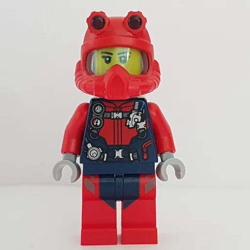 Diver (Woman, Red and Dark Blue Wetsuit with Straps and Gauges, Red Diving Helmet, Airtanks)