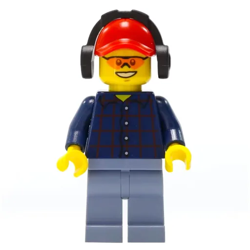 Lumberjack (Dark Blue Plaid Shirt, Sand Blue Legs, Red Cap with Ear Defenders, Orange Safety Glasses)