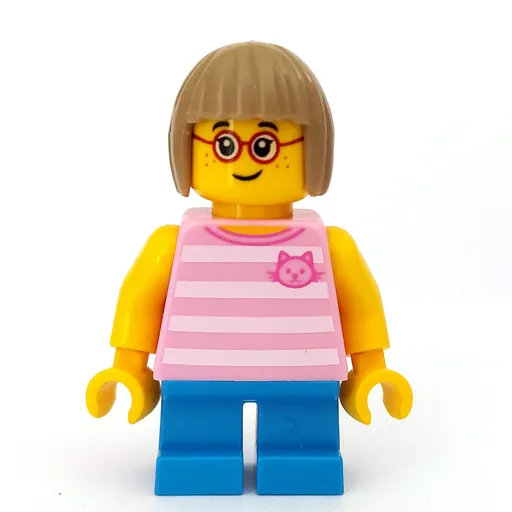 Girl (Bright Pink Striped Top with Cat Head, Short Dark Azure Legs, Dark Tan Hair, Glasses)