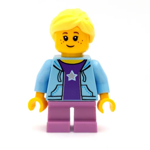 Girl (Open Bright Light Blue Hoodie over Dark Purple Shirt with Star, Short Medium Lavender Legs, Bright Light Yellow Hair)