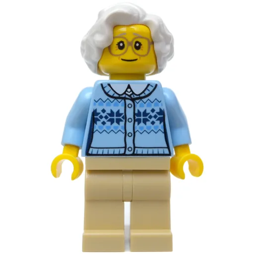 Woman (Bright Light Blue Cardigan, Tan Legs, White Hair, Glasses)