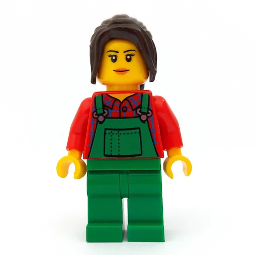 Woman (Green Overalls over Red Plaid Shirt, Dark Brown Hair)