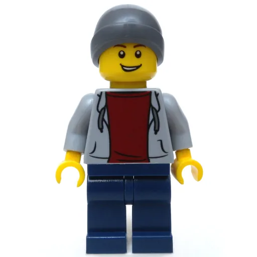 Man (Light Bluish Gray Hoodie over Dark Red Shirt, Dark Blue Legs, Beanie Hat)