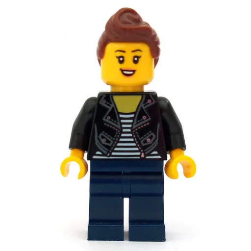 Woman (Open Black Jacket over Black and White Striped Top, Dark Blue Legs, Reddish Brown Hair)