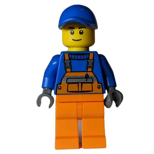 Construction Worker (Orange Overalls over Blue Sweater, Blue Cap)