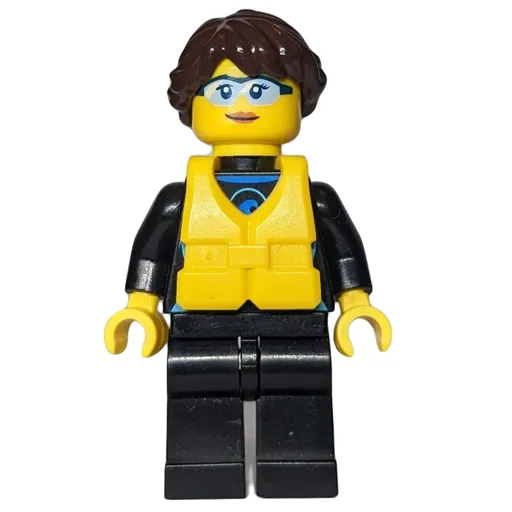 Woman (Black Wetsuit, Dark Brown Hair, Yellow Life Vest, Safety Glasses)