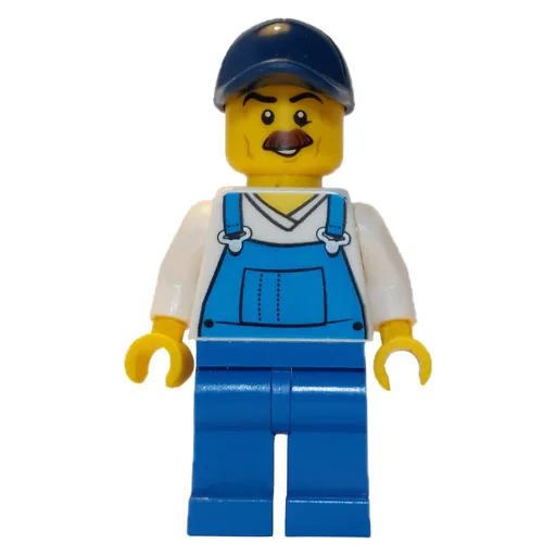 Man (Blue Overalls over White V-Neck Shirt, Dark Blue Cap, Moustache)