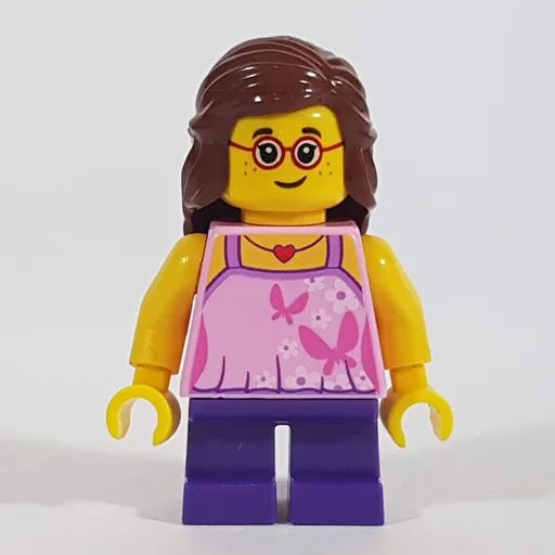 Girl (Bright Pink Top with Butterflies, Dark Purple Legs, Reddish Brown Hair, Glasses)