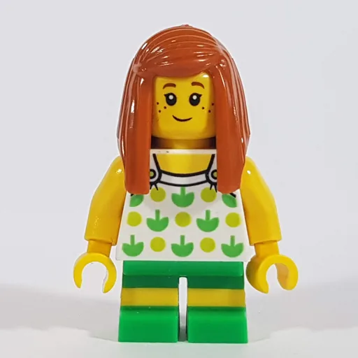 Girl (White Top with Lime and Green Pattern, Green Shorts, Dark Orange Hair)