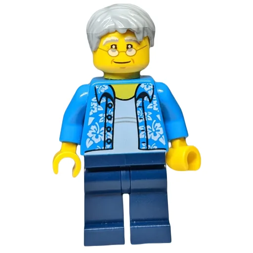 Man (Open Dark Azure Hawaiian Shirt, Dark Blue Legs, Light Bluish Gray Hair, Glasses)