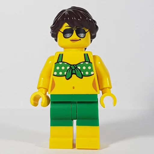 Woman (Green Bikini Top with White Spots, Green Shorts, Dark Brown Hair, Sunglasses)