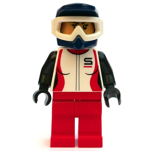 Racer (Woman, White, Black and Red Jacket, Red Legs, Dark Blue Dirt Bike Helmet with Goggles, Dirt Stains)