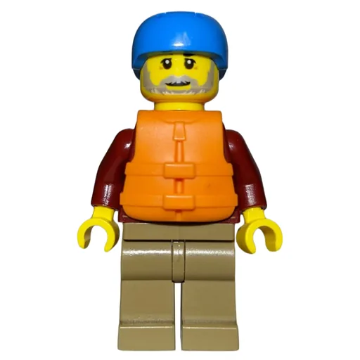 Man (Open Dark Red Jacket, Dark Tan Legs, Dark Azure Helmet, Orange Life Vest, Beard)