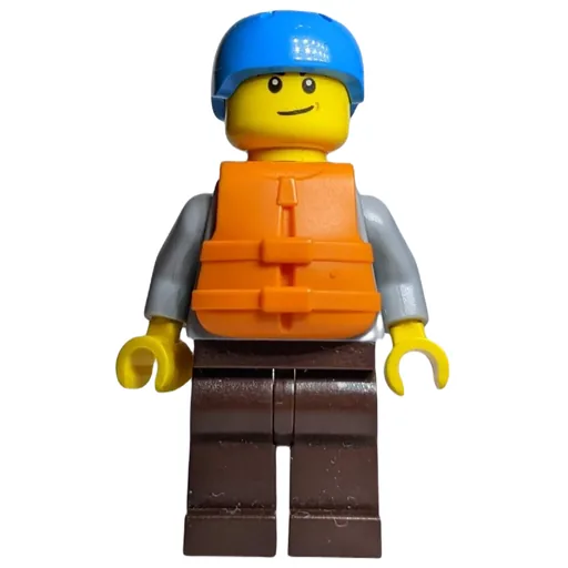 Man (Light Bluish Gray Hoodie over Dark Red Shirt, Dark Brown Legs, Dark Azure Helmet, Orange Life Vest)