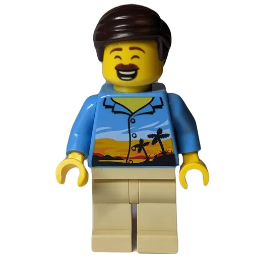 Man (Medium Blue Shirt with Palm Trees and Sunset, Tan Legs, Dark Brown Hair, Moustache)
