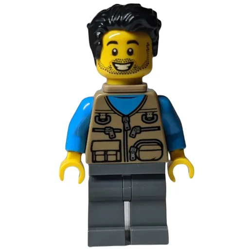 Man (Dark Tan Vest with Zippers and Pouches, Black Hair, Baby Carrier, Stubble)