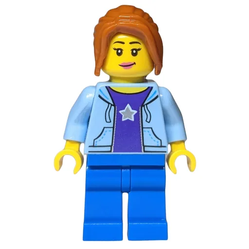 Woman (Open Bright Light Blue Hoodie over Dark Purple Shirt with Star, Blue Legs, Dark Orange Hair)