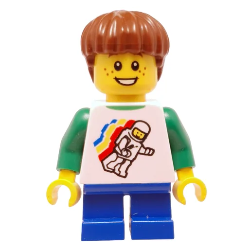 Boy (Floating Classic Spaceman on Shirt, Short Blue Legs, Reddish Brown Hair)