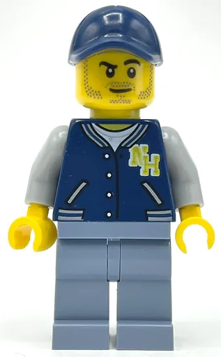 Man (Dark Blue Letterman Shirt with 'NH', Sand Blue Legs, Dark Blue Cap, Stubble)