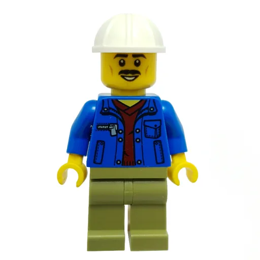 Construction Worker (Blue Jacket, Olive Green Legs, White Hard Hat, Moustache)