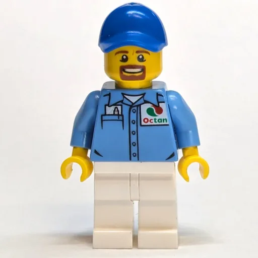Man (Medium Blue Shirt with Octan Logo, White Legs, Blue Cap, Goatee Beard)
