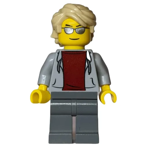 Man (Light Bluish Gray Hoodie over Dark Red Shirt, Dark Bluish Gray Legs, Bright Light Yellow Hair, Silver Sunglasses)