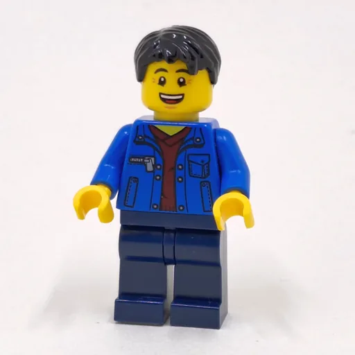 Man (Open Blue Jacket over Dark Red Shirt, Dark Blue Legs, Black Hair)