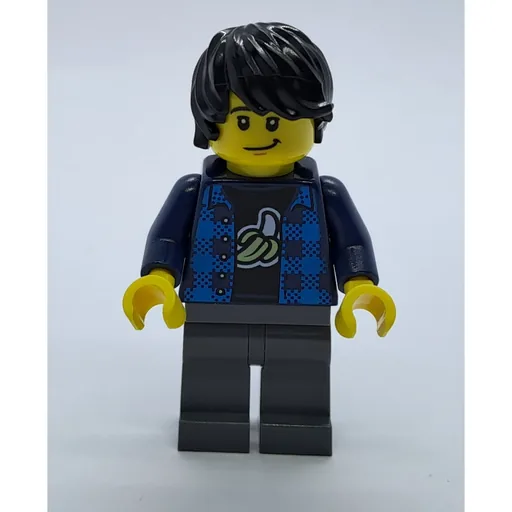 Man (Open Dark Blue Flannel Shirt over Top with Banana, Dark Bluish Gray Legs, Black Hair)