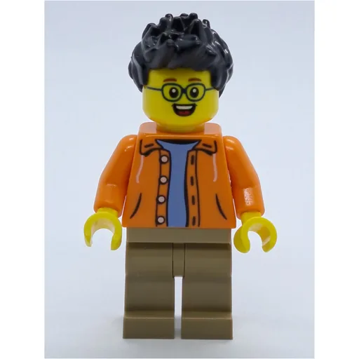 Man (Open Orange Jacket over Light Blue Shirt, Black Hair, Glasses)