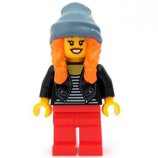 Woman (Open Black Jacket over Black and White Striped Top, Red Legs, Sand Blue Beanie Hat with Hair)