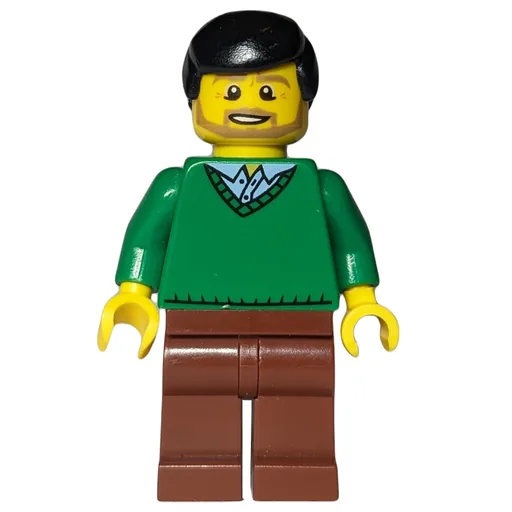 Man (Green V-Neck Sweater, Reddish Brown Legs, Black Hair, Beard)
