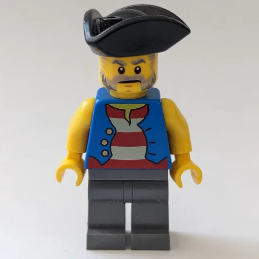 Pirate (Open Blue Vest over Red and White Striped Shirt, Black Tricorne Hat)