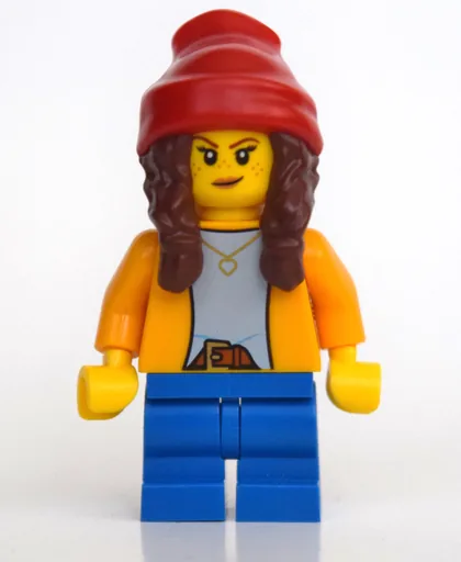 Girl (Bright Light Orange Shirt, Blue Medium Legs, Red Beanie with Braids)