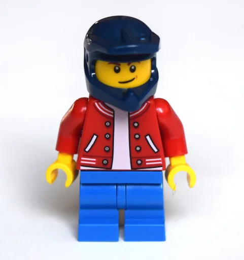 Boy (Red Letterman Jacket, Blue Medium Legs, Dark Blue Dirt Bike Helmet)