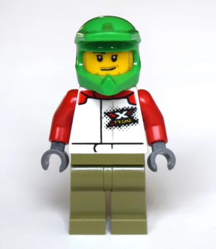 Man (White Racing Jacket, Olive Green Legs, Green Dirt Bike Helmet, Stubble)
