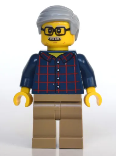 Man (Dark Blue Plaid Shirt, Dark Tan Legs, Light Bluish Gray Hair and Moustache, Glasses)